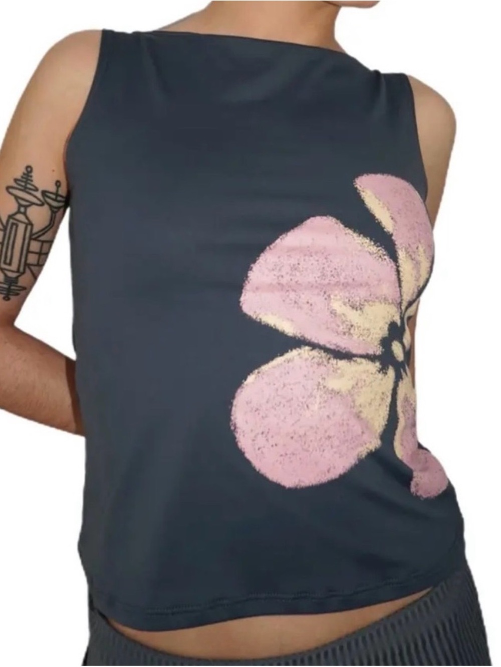 Sleeveless Navy Floral Graphic Tank Top - Pink Accent